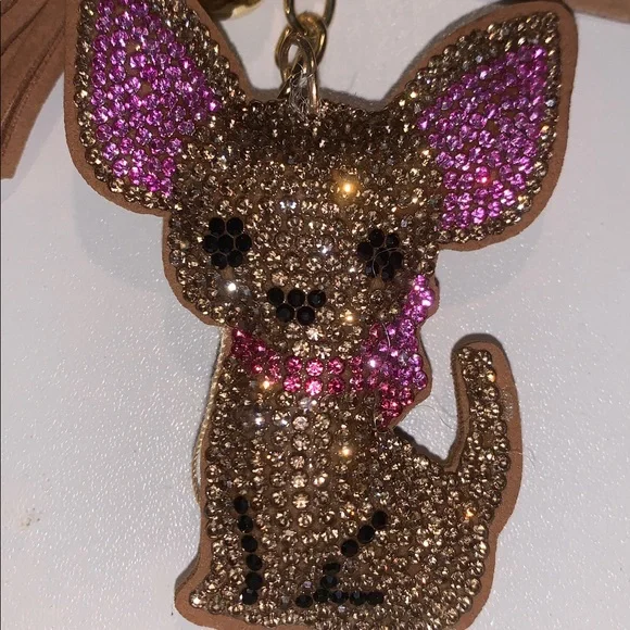 Crystal chiuaua dog purse/bag charm keychain w/ tassel - Picture 3 of 7